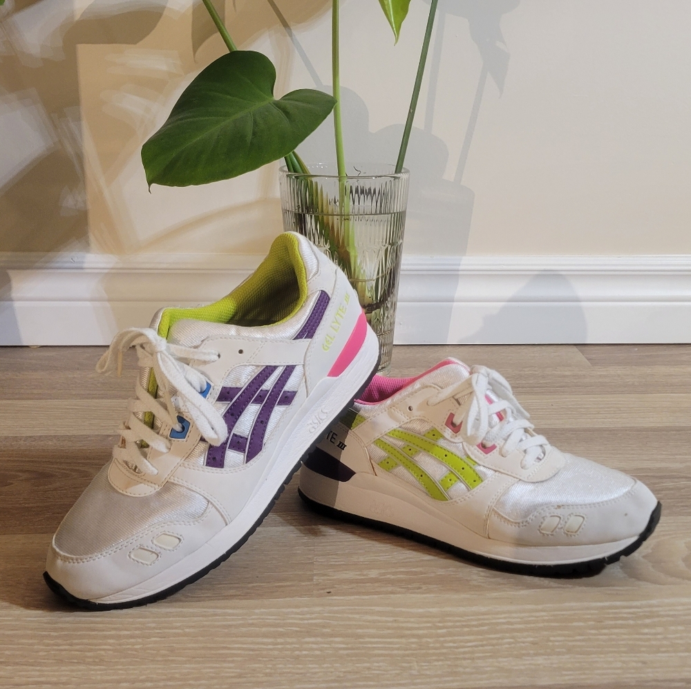 Asics White Sneakers with Purple and Green Accents